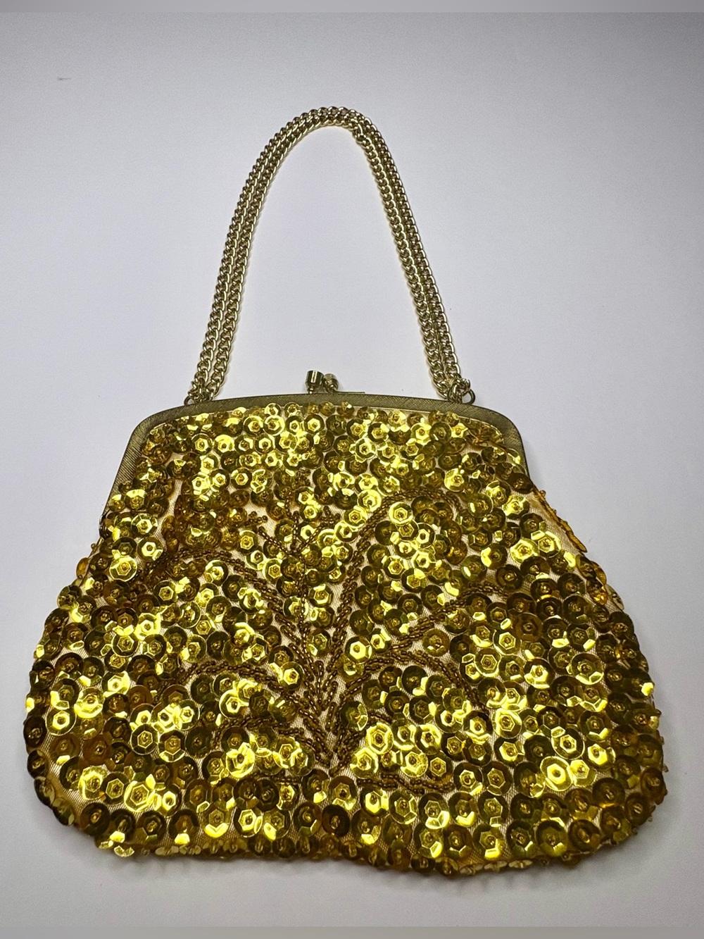 Vintage Gold Sequin Evening Cocktail Clutch Kiss Lock Mid Century Hollywood Glam